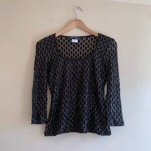 VTG 90s Black and Gold Textured Scoop Neck Blouse Size M 3/4 Length Sleeves